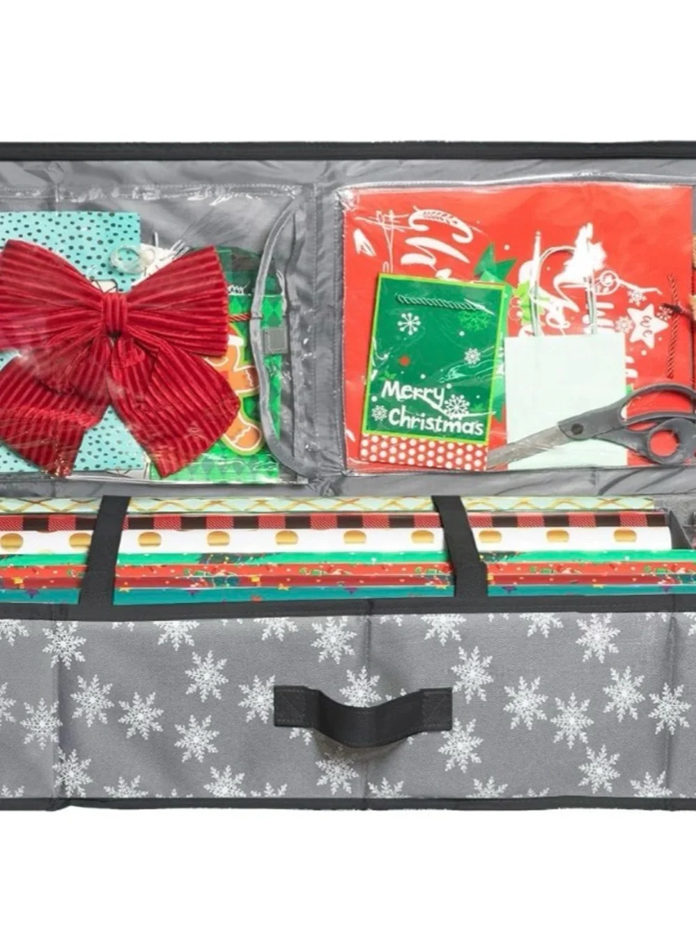 HOLDN’ STORAGE Premium Wrapping Paper Storage Container, Grey w/ Snowflakes